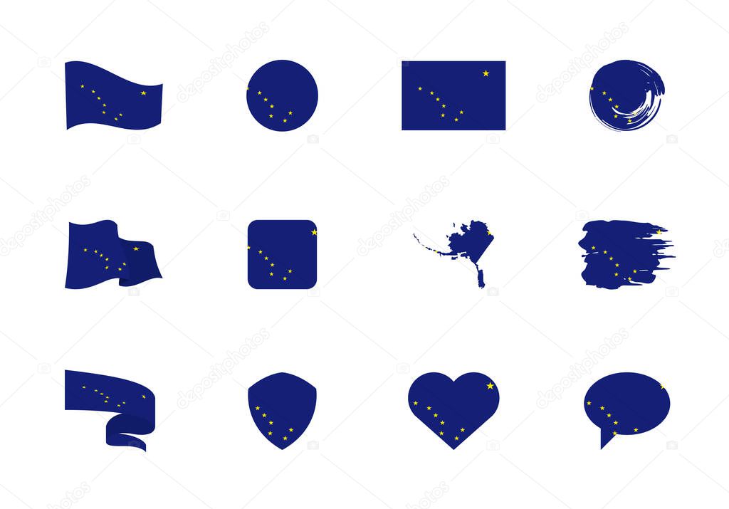 Alaska - flat collection of US states flags. Flags of twelve flat icons of various shapes. Set of vector illustrations