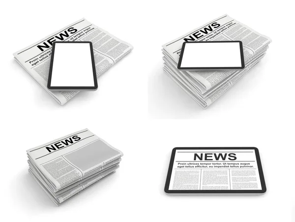 Newspaper and tablet pc on a white background. Blank space for news page template. — Stock Photo, Image