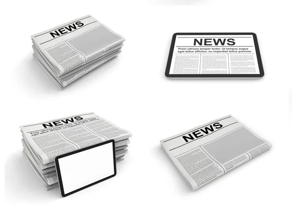 Periódico y tableta PC sobre un fondo blanco. Espacio en blanco para la plantilla de página de noticias. —  Fotos de Stock