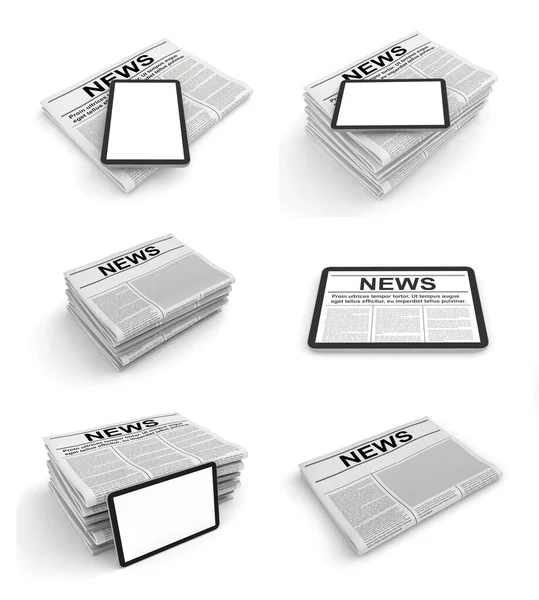 Newspaper and tablet pc on a white background. Blank space for news page template. — Stock Photo, Image