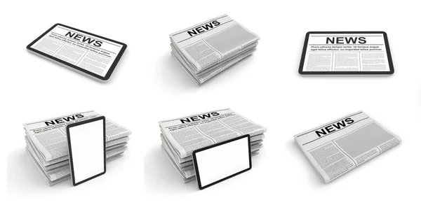 Jornal e tablet pc em um fundo branco. Espaço em branco para modelo de página de notícias. — Fotografia de Stock