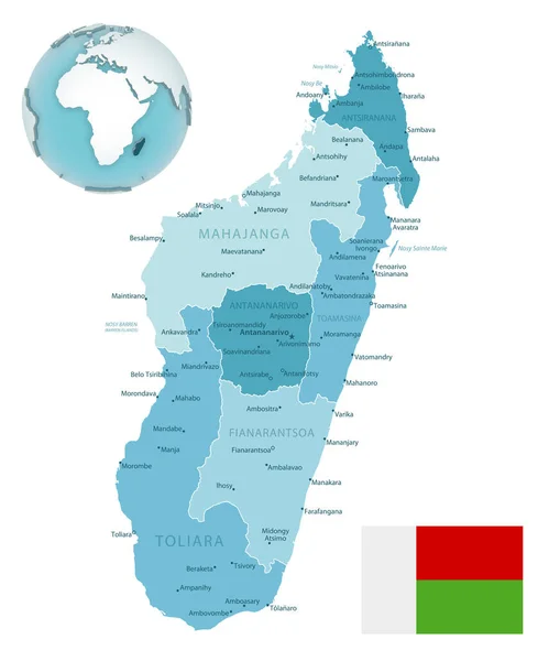 Madagáscar mapa administrativo azul-verde com bandeira do país e localização em um globo. —  Vetores de Stock