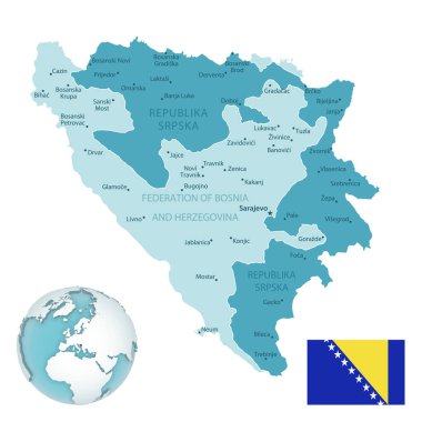 Bosna-Hersek idari mavi-yeşil haritasında ülke bayrağı ve bir dünya üzerinde konumu.