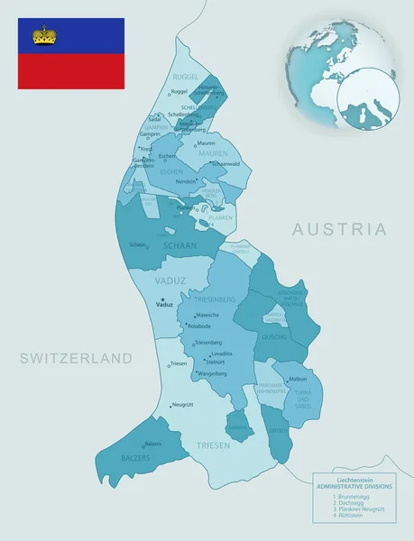 Blå Grön Detaljerad Karta Över Liechtensteins Administrativa Indelningar Med Landsflagga — Stock vektor