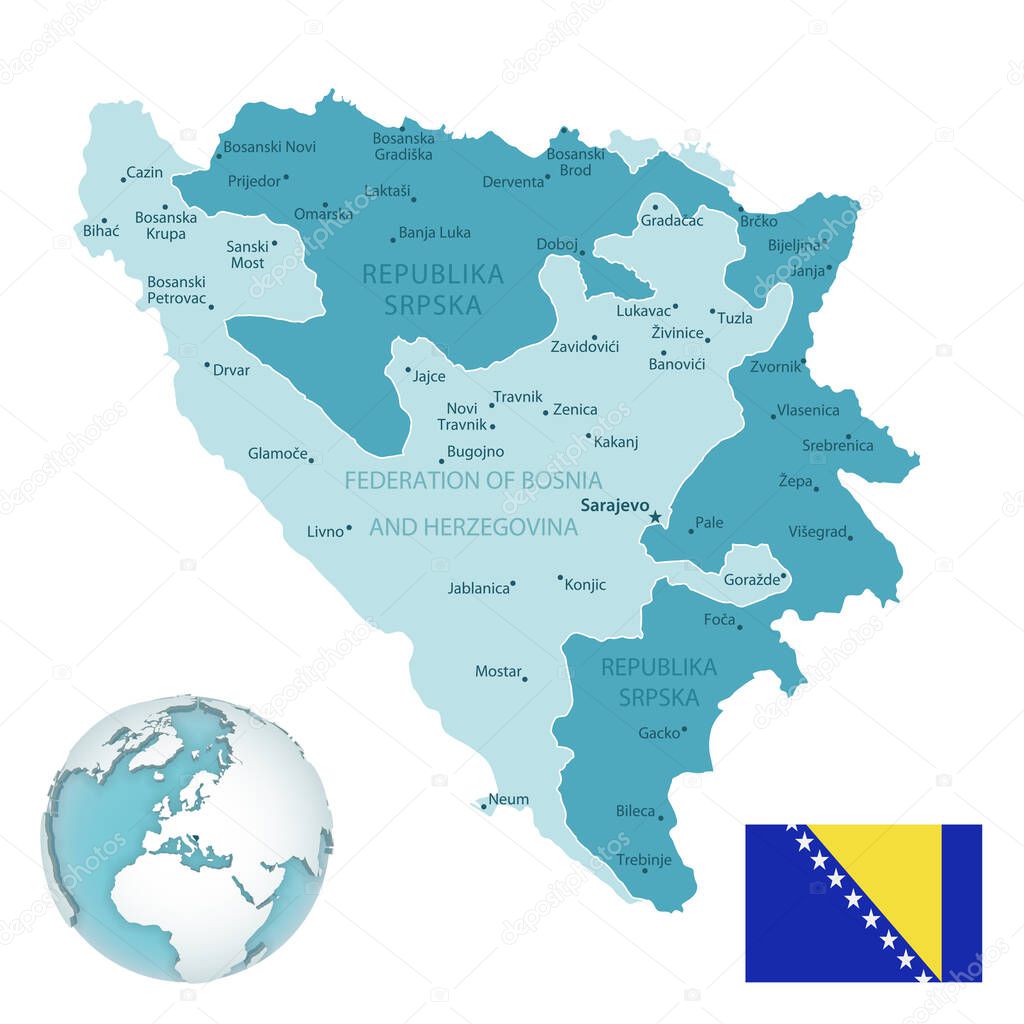 Bosnia and Herzegovina administrative blue-green map with country flag and location on a globe.