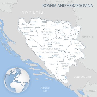 Bosna-Hersek idari bölümlerinin mavi-gri detaylı haritası ve dünya üzerindeki konumu. Vektör illüstrasyonu