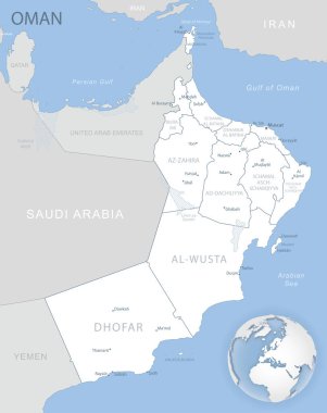 Umman idari birimlerinin mavi-gri detaylı haritası ve dünya üzerindeki konumu. Vektör illüstrasyonu