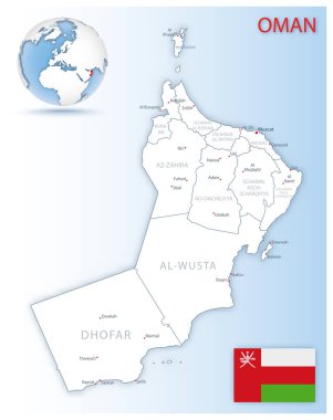 Mavi kürede, ülke bayrağı ve konumu olan detaylı Umman idari haritası. Vektör illüstrasyonu