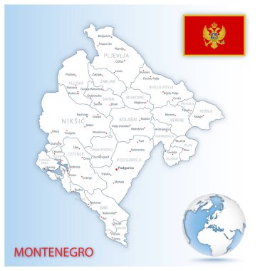 Mavi bir kürede ülke bayrağı ve konumu bulunan ayrıntılı Karadağ idari haritası. Vektör illüstrasyonu