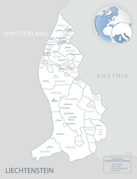 Blå Grå Detaljerad Karta Över Liechtensteins Administrativa Indelningar Och Läge — Stock vektor