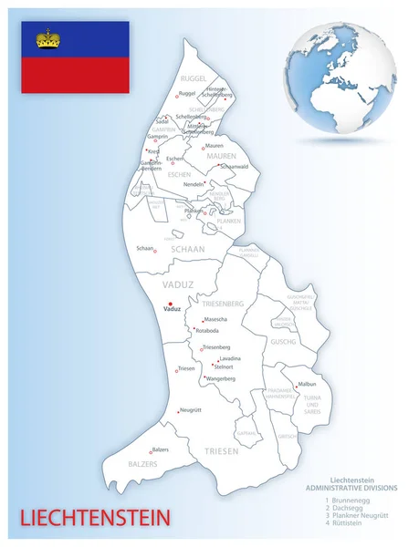 Detaljerad Administrativ Karta Över Liechtenstein Med Landsflagga Och Läge Blå — Stock vektor