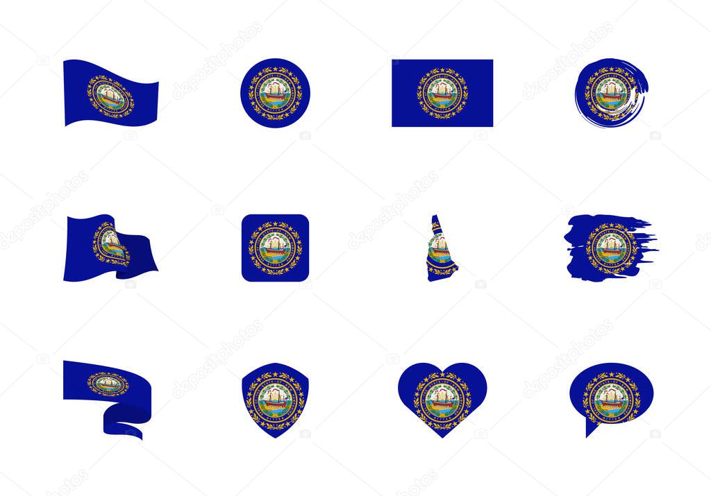 New Hampshire - flat collection of US states flags. Flags of twelve flat icons of various shapes. Set of vector illustrations
