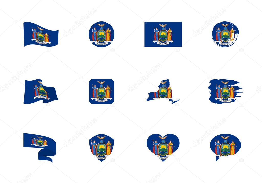 New York - flat collection of US states flags. Flags of twelve flat icons of various shapes. Set of vector illustrations