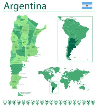 Arjantin haritası ve bayrağı detaylı. Dünya haritasında Arjantin.