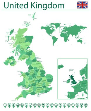 Birleşik Krallık detaylı harita ve bayrak. Dünya haritasında Birleşik Krallık.