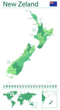 Yeni Zelanda haritası ve bayrağı detaylı. Dünya haritasında Yeni Zelanda.