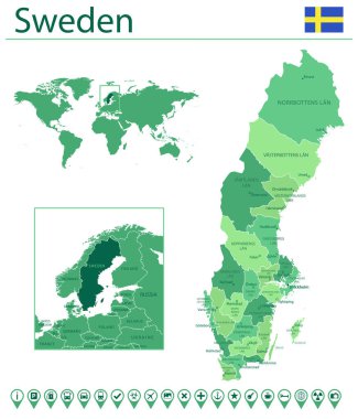 İsveç haritası ve bayrağı detaylı. Dünya haritasında İsveç.