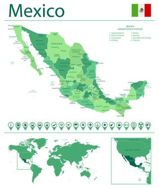 Meksika haritası ve bayrağı detaylı. Meksika dünya haritasında.