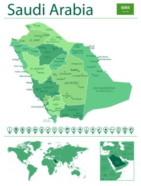 Ülke bayrağı ve dünya haritasında yeri olan Suudi Arabistan 'ın ayrıntılı haritası. Vektör illüstrasyonu