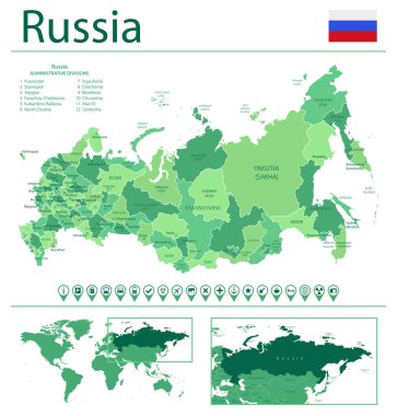 Ülke bayrağı ve dünya haritasında yeri olan Rusya 'nın ayrıntılı haritası. Vektör illüstrasyonu