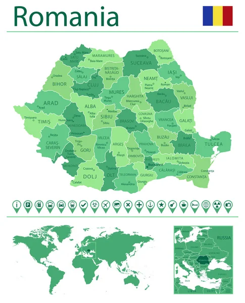 Carte Détaillée Roumanie Avec Drapeau Pays Emplacement Sur Carte Monde — Image vectorielle