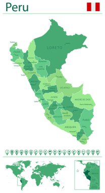 Ülke bayrağı ve dünya haritasında yeri olan Peru 'nun ayrıntılı haritası. Vektör illüstrasyonu