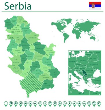 Ülke bayrağı ve dünya haritasında yeri olan Sırbistan 'ın ayrıntılı haritası. Vektör illüstrasyonu