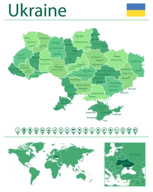 Ülke bayrağı ve dünya haritasında yeri olan Ukrayna 'nın ayrıntılı haritası. Vektör illüstrasyonu