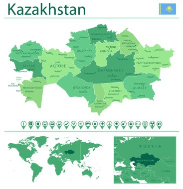 Ülke bayrağı ve dünya haritasında yeri olan Kazakistan 'ın ayrıntılı haritası. Vektör illüstrasyonu