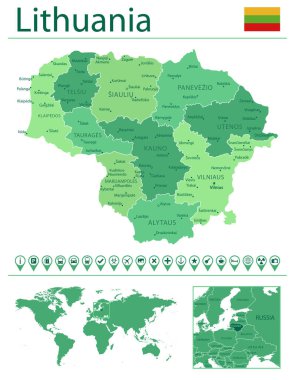 Ülke bayrağı ve dünya haritasında yeri olan Litvanya 'nın ayrıntılı haritası. Vektör illüstrasyonu