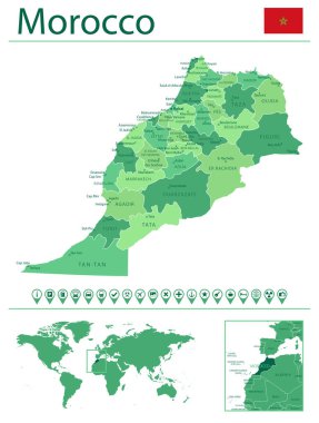 Ülke bayrağı ve dünya haritasında yeri olan Fas 'ın ayrıntılı haritası. Vektör illüstrasyonu