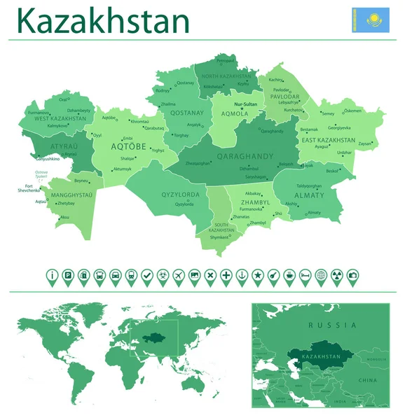 Detailed Map Kazakhstan Country Flag Location World Map Vector Illustration — Stock Vector