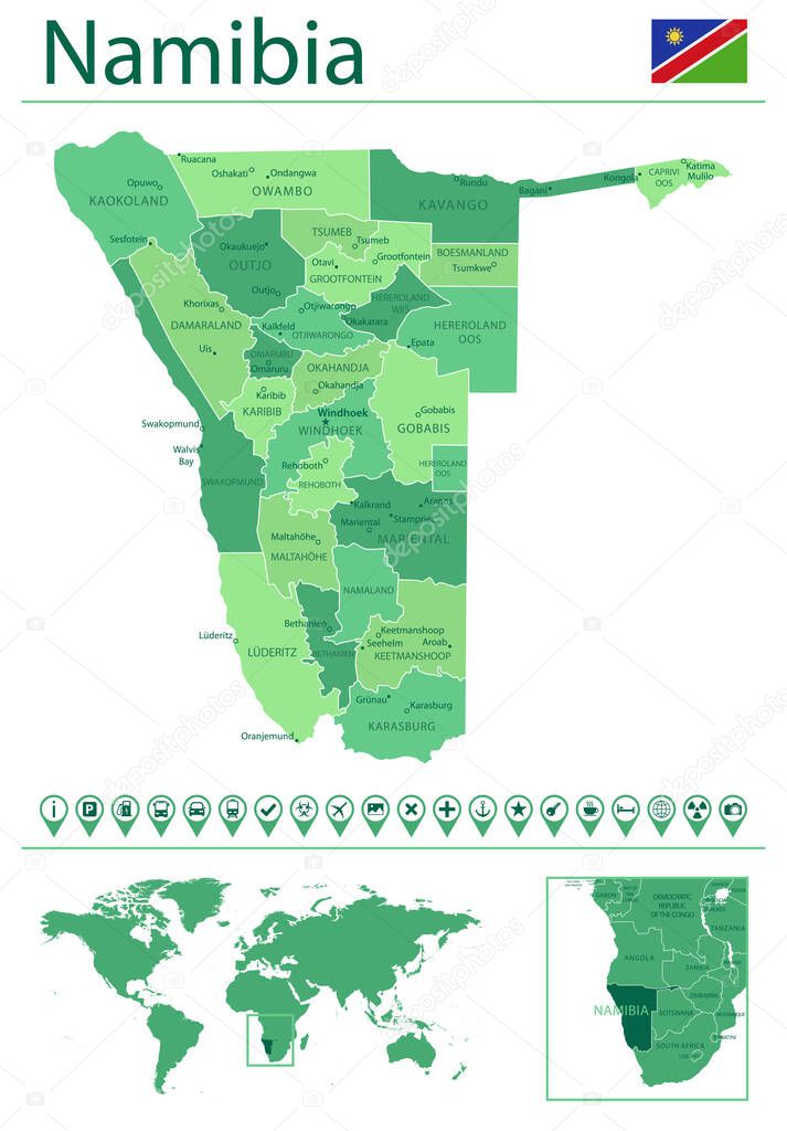 Mapa detallado de Namibia con la bandera de país y ubicación en el mapa del mundo. Ilustración