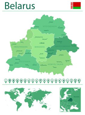 Belarus 'un dünya haritasında ülke bayrağı ve yeri olan ayrıntılı haritası. Vektör illüstrasyonu