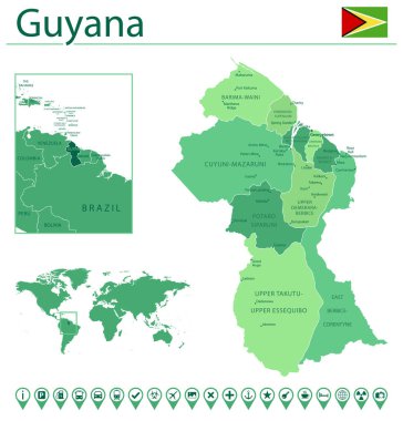 Ülke bayrağı ve dünya haritasında yeri olan Guyana 'nın ayrıntılı haritası. Vektör illüstrasyonu