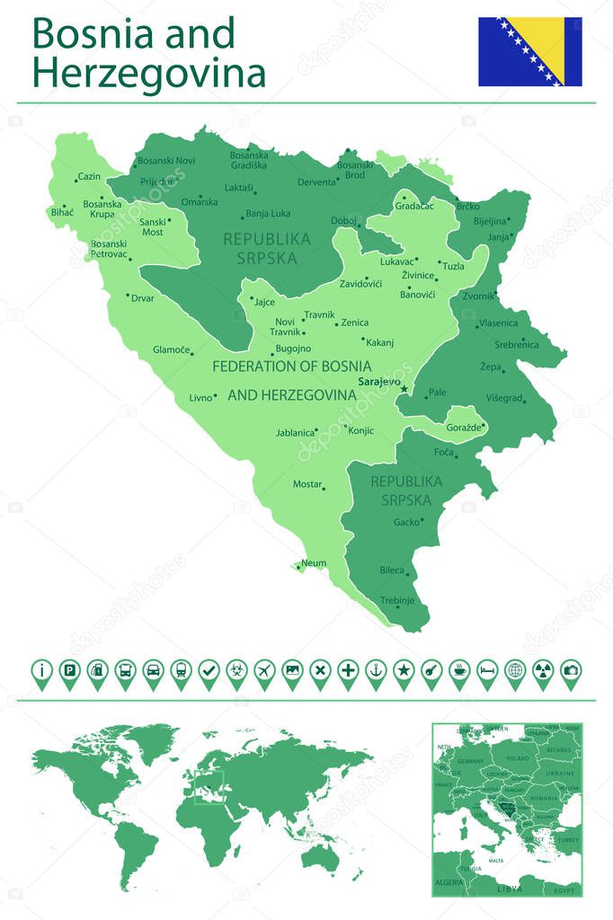 Detailed map of Bosnia and Herzegovina with country flag and location on world map. Vector illustration