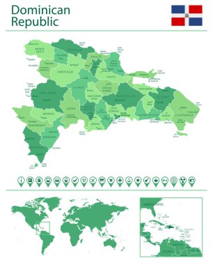 Dominik Cumhuriyeti 'nin dünya haritasında ülke bayrağı ve yeri olan ayrıntılı haritası. Vektör illüstrasyonu