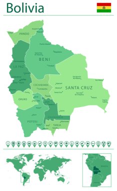 Bolivya 'nın dünya haritasında ülke bayrağı ve yeri olan ayrıntılı haritası. Vektör illüstrasyonu