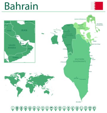 Ülke bayrağı ve dünya haritasında yeri olan Bahreyn 'in ayrıntılı haritası. Vektör illüstrasyonu