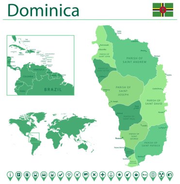 Ülke bayrağı ve dünya haritasında yeri olan Dominica 'nın ayrıntılı haritası. Vektör illüstrasyonu