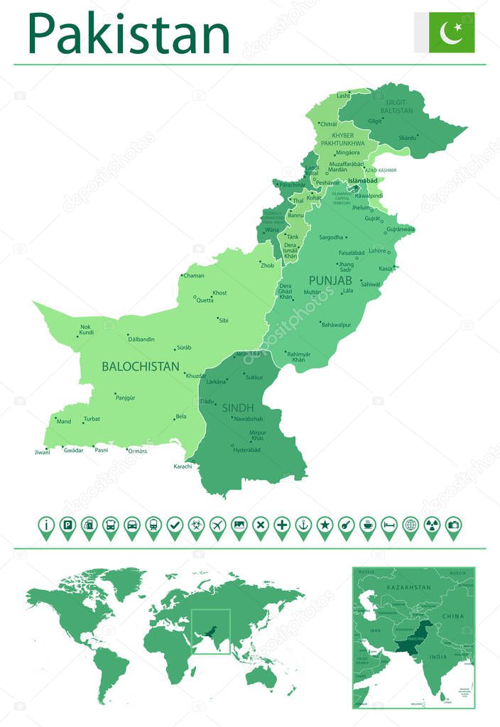 Detailed map of Pakistan with country flag and location on world map. Vector illustration