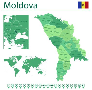Moldova 'nın dünya haritasında ülke bayrağı ve yeri olan ayrıntılı haritası. Vektör illüstrasyonu