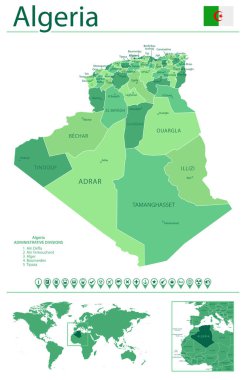 Ülke bayrağı ve dünya haritasında yeri olan Cezayir 'in ayrıntılı haritası. Vektör illüstrasyonu