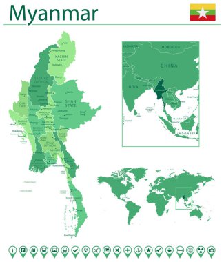 Myanmar 'ın dünya haritasında ülke bayrağı ve yeri olan ayrıntılı haritası. Vektör illüstrasyonu
