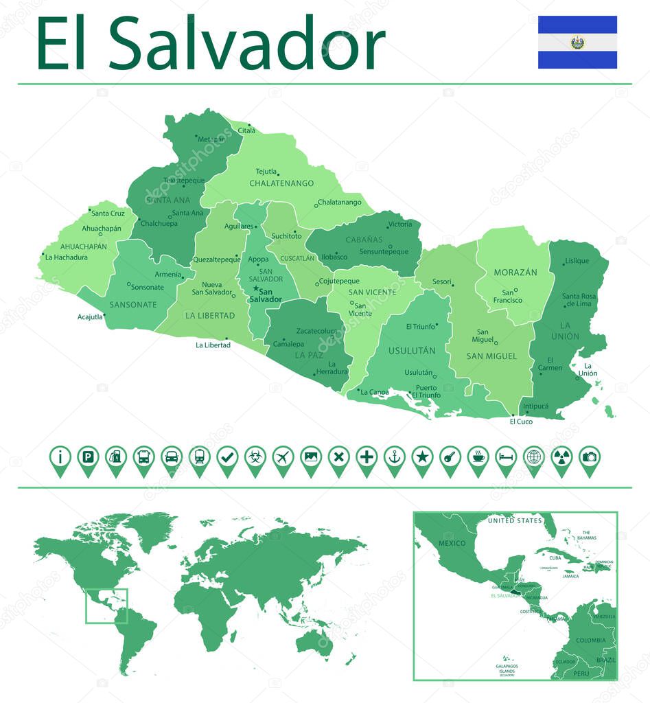 Detailed map of El Salvador with country flag and location on world map. Vector illustration