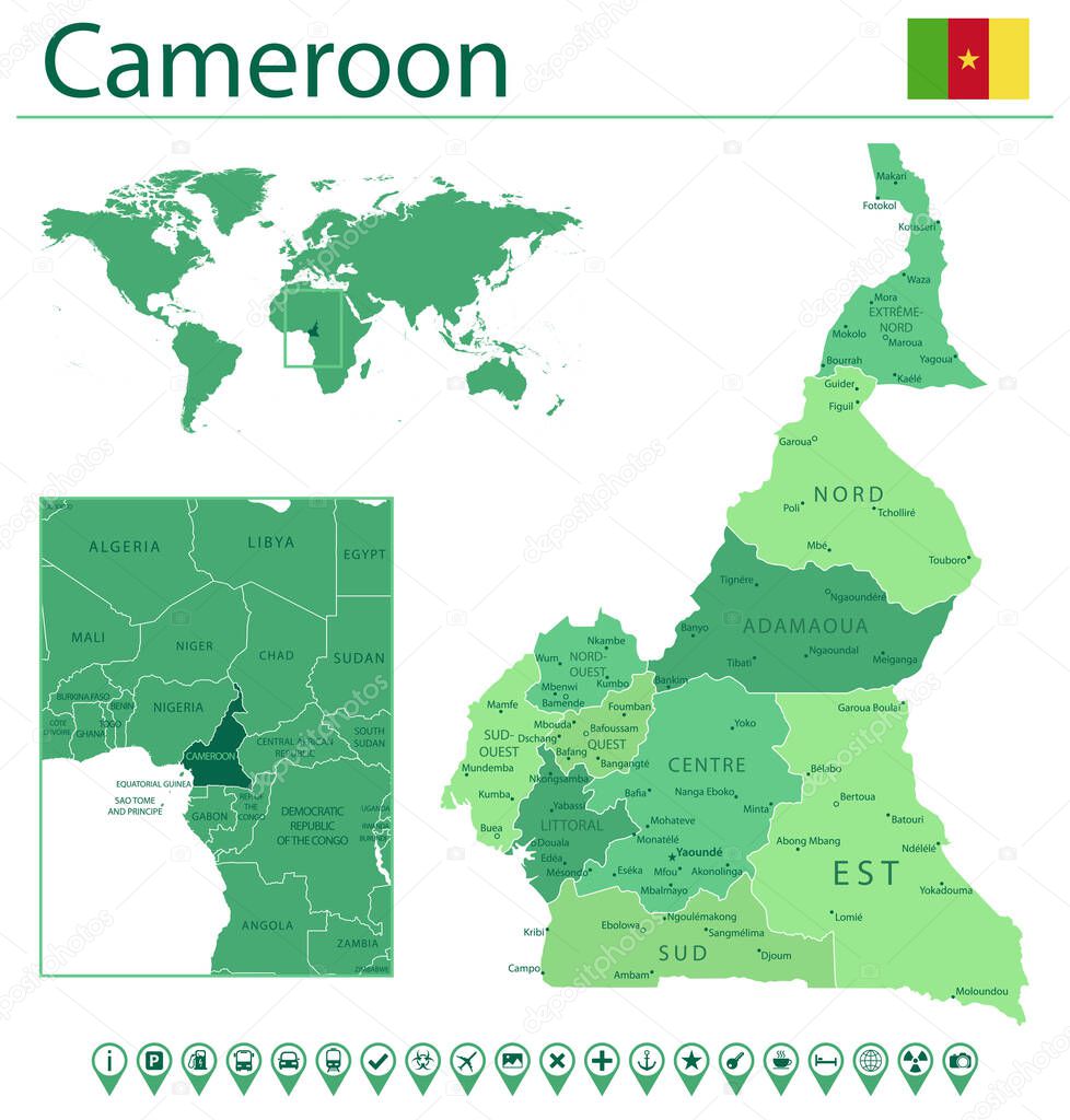 Detailed map of Cameroon with country flag and location on world map. Vector illustration