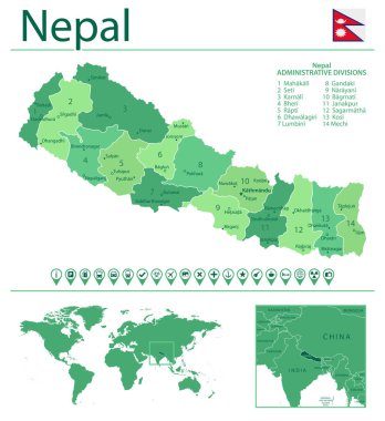 Detailed map of Nepal with country flag and location on world map. Vector illustration