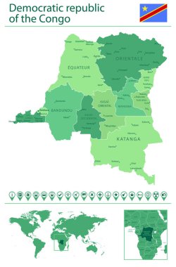 Detailed map of Democratic Republic of the Congo with country flag and location on world map. Vector illustration