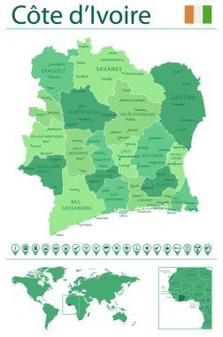 Detailed map of Cote d'Ivoire with country flag and location on world map. Vector illustration