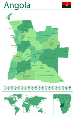 Detailed map of Angola with country flag and location on world map. Vector illustration